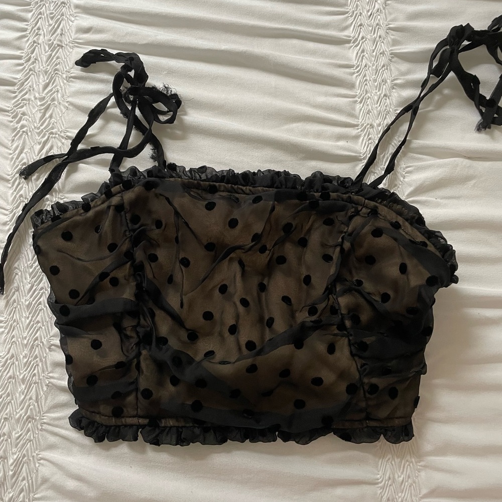 Black sheer polka dot tie croptop